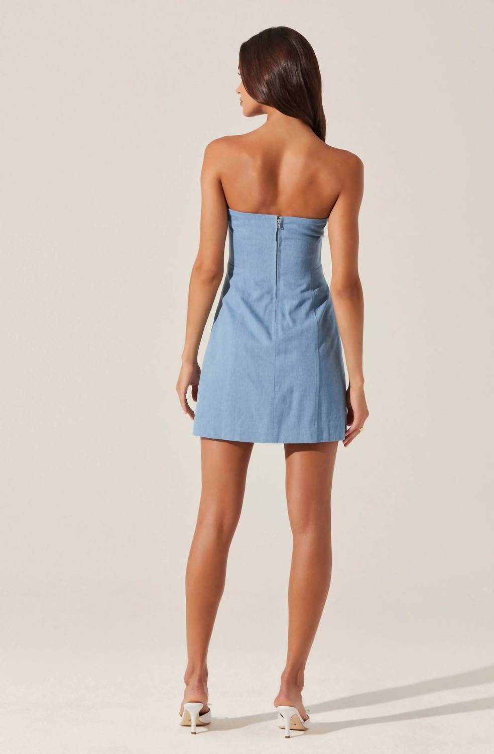 ASTR Mazzei Strapless Denim Dress in light blue - women's dress - detail view