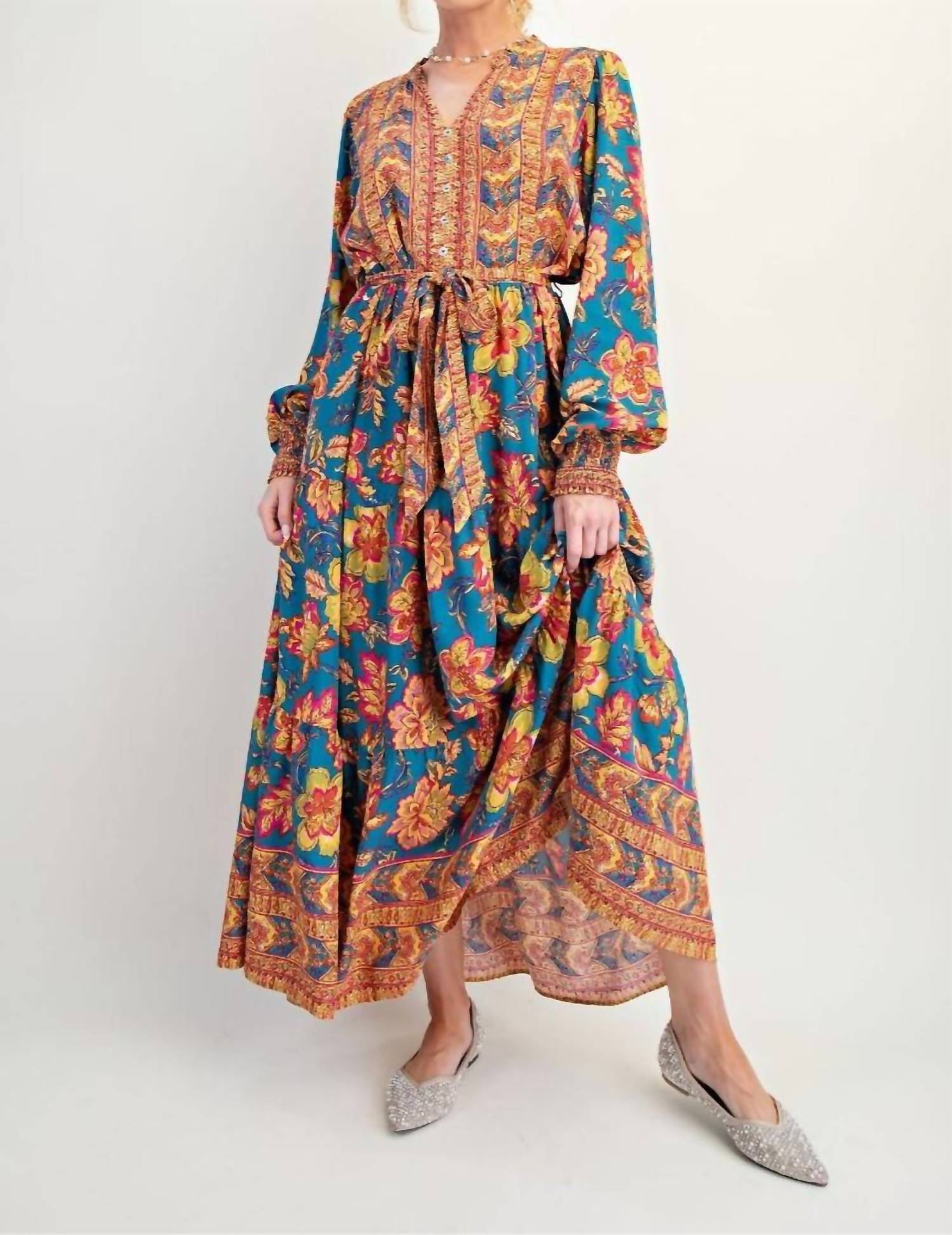 Easel - Challis Tie Waisted Maxi Dress