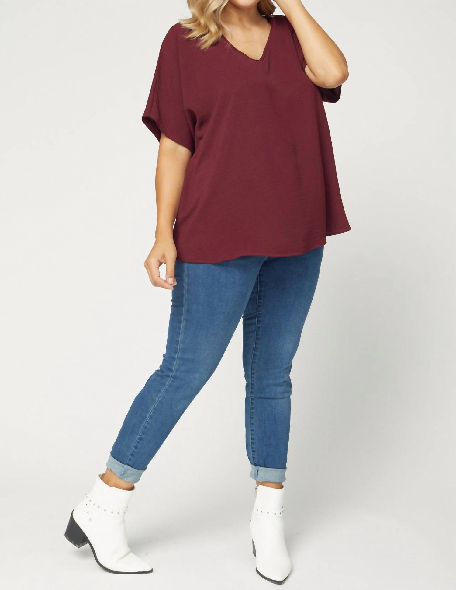 entro Solid V-neck Top in burgundy - women's blouse - view 6