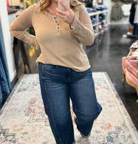 Listicle Keep It On Long Sleeve Button Down Top in taupe - women's blouse
