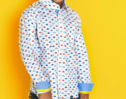 Tuktuk Designs - Boys Origami Sailboats Button Down Shirt