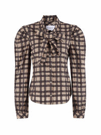 THE SHIRT Long Sleeve French Bow Shirt in tan black plaid - women's blouse - view 4