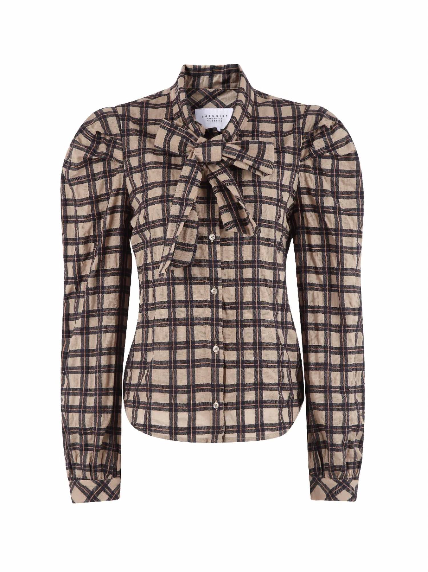 THE SHIRT Long Sleeve French Bow Shirt in tan black plaid - women's blouse - view 4