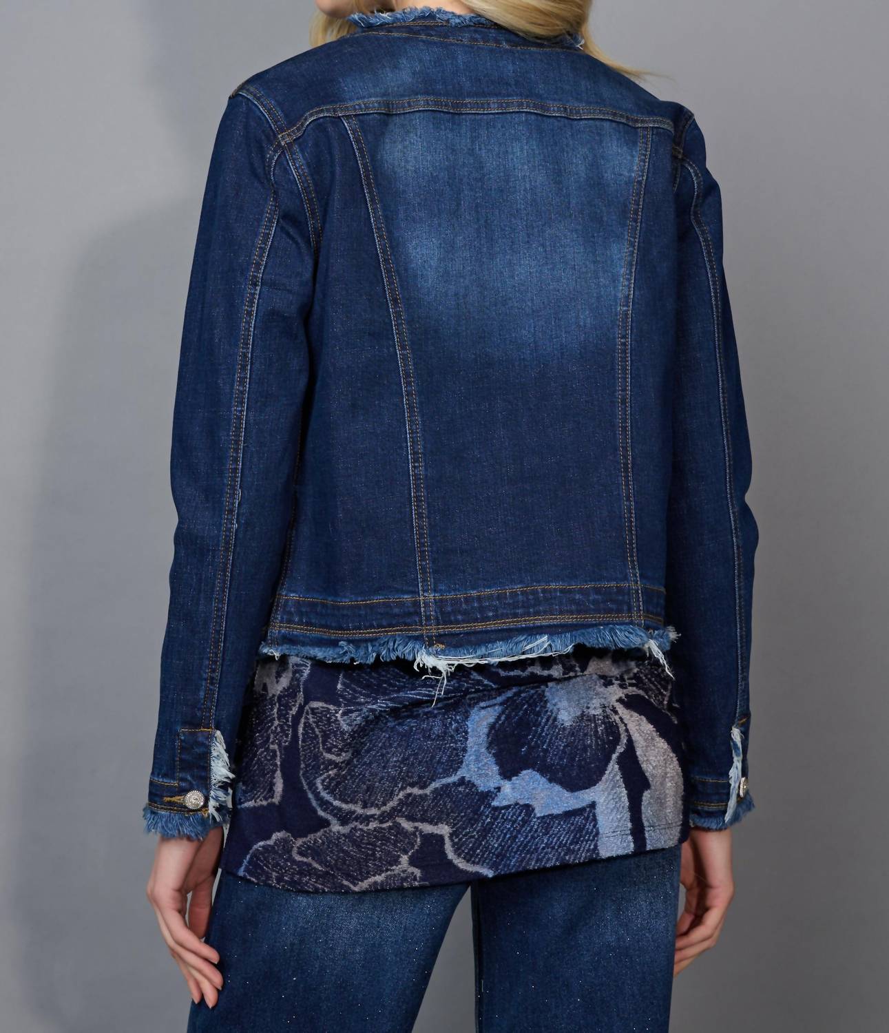 Picadilly - Collarless Frayed Edge Denim Jacket