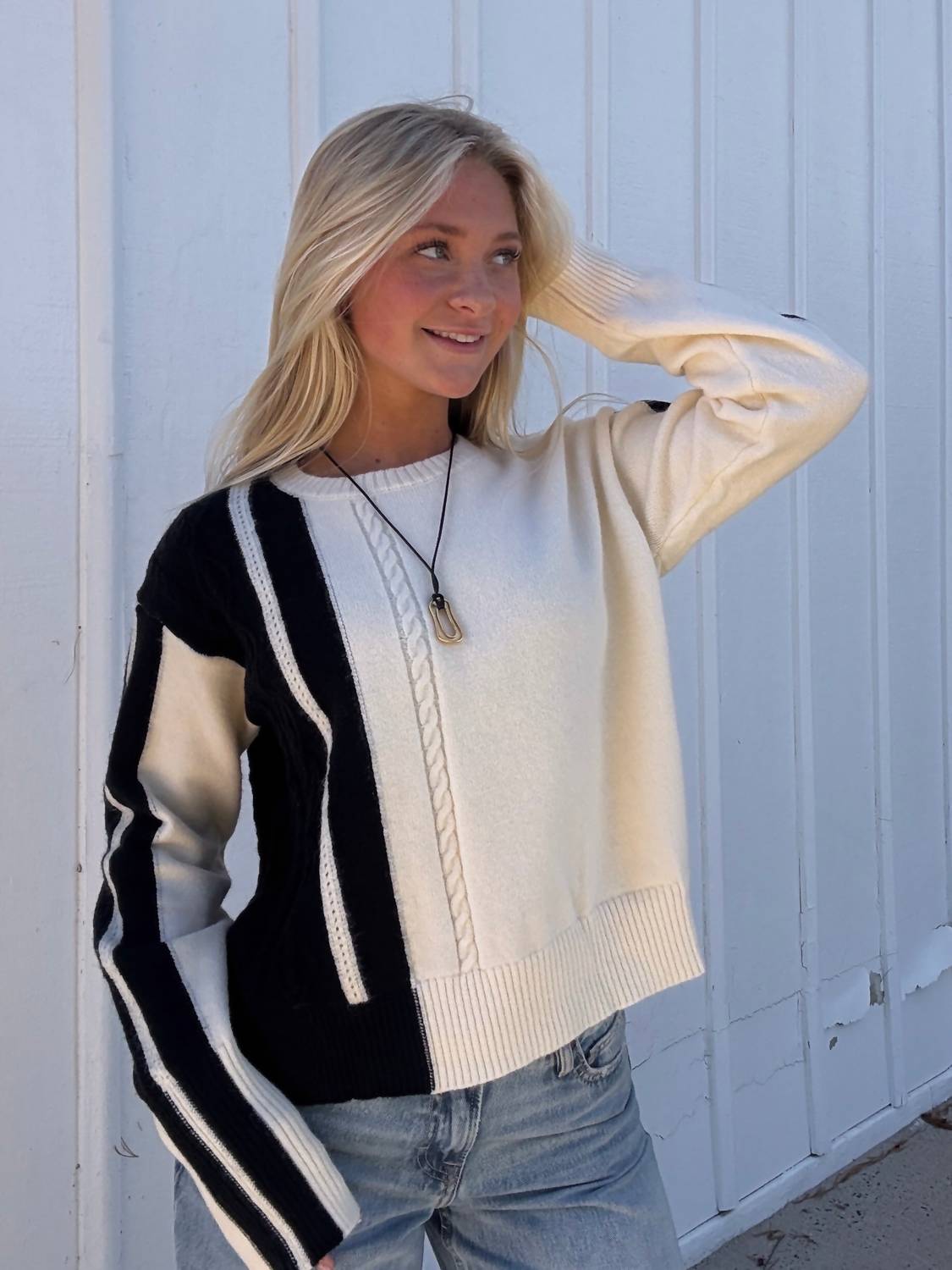 One & Only Talia Color Block Sweater in white black - women's sweater - alternate view