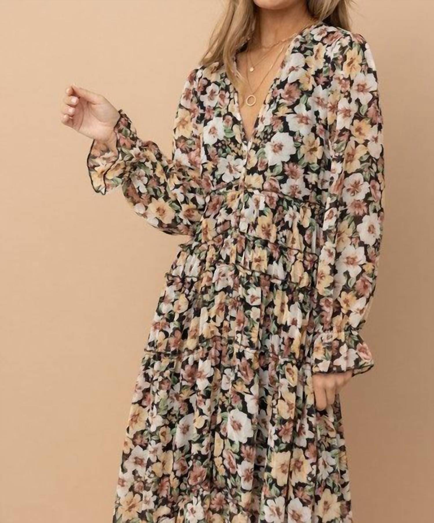 Blue B Floral Print Chiffon Tiered Maxi Dress in black floral - women's dress - view 5