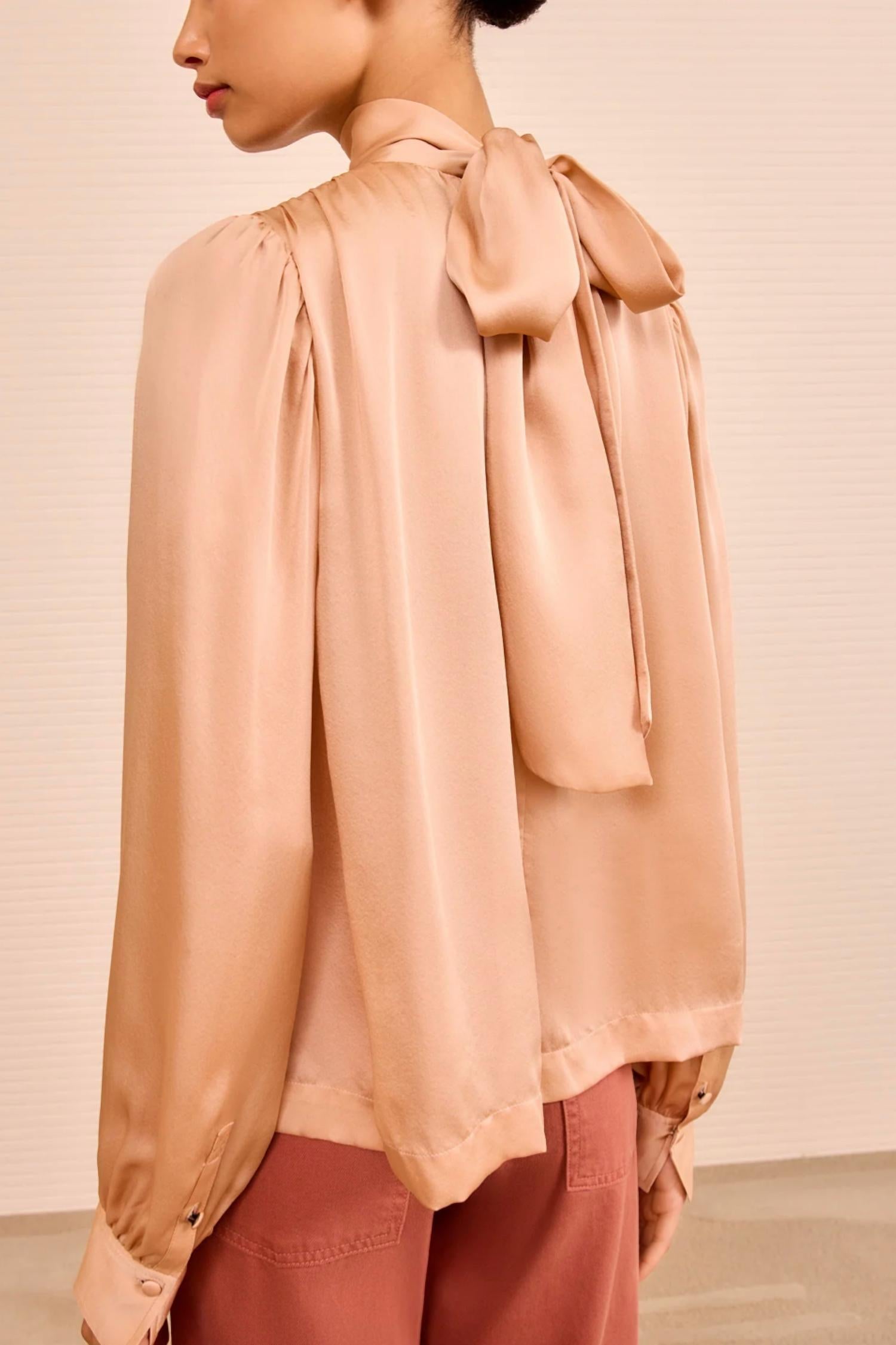Ulla Johnson Ornament Tie Neck Blouse in sand - women's blouse - detail view