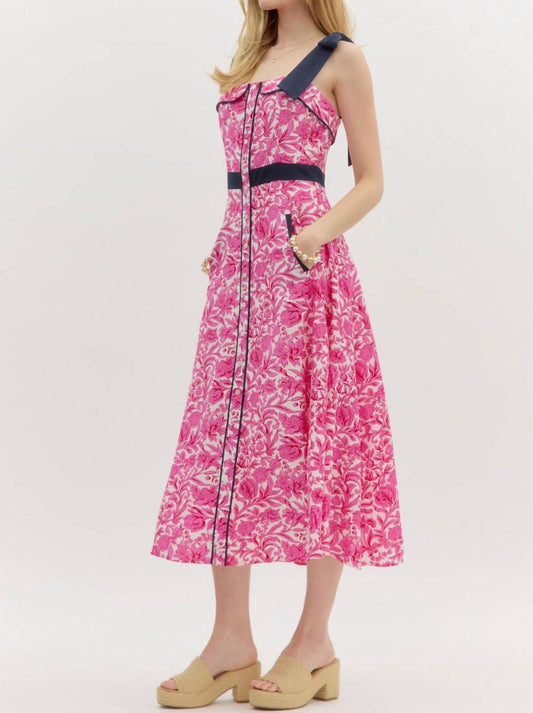 Entro - Shoulder Tie Print Midi Dress