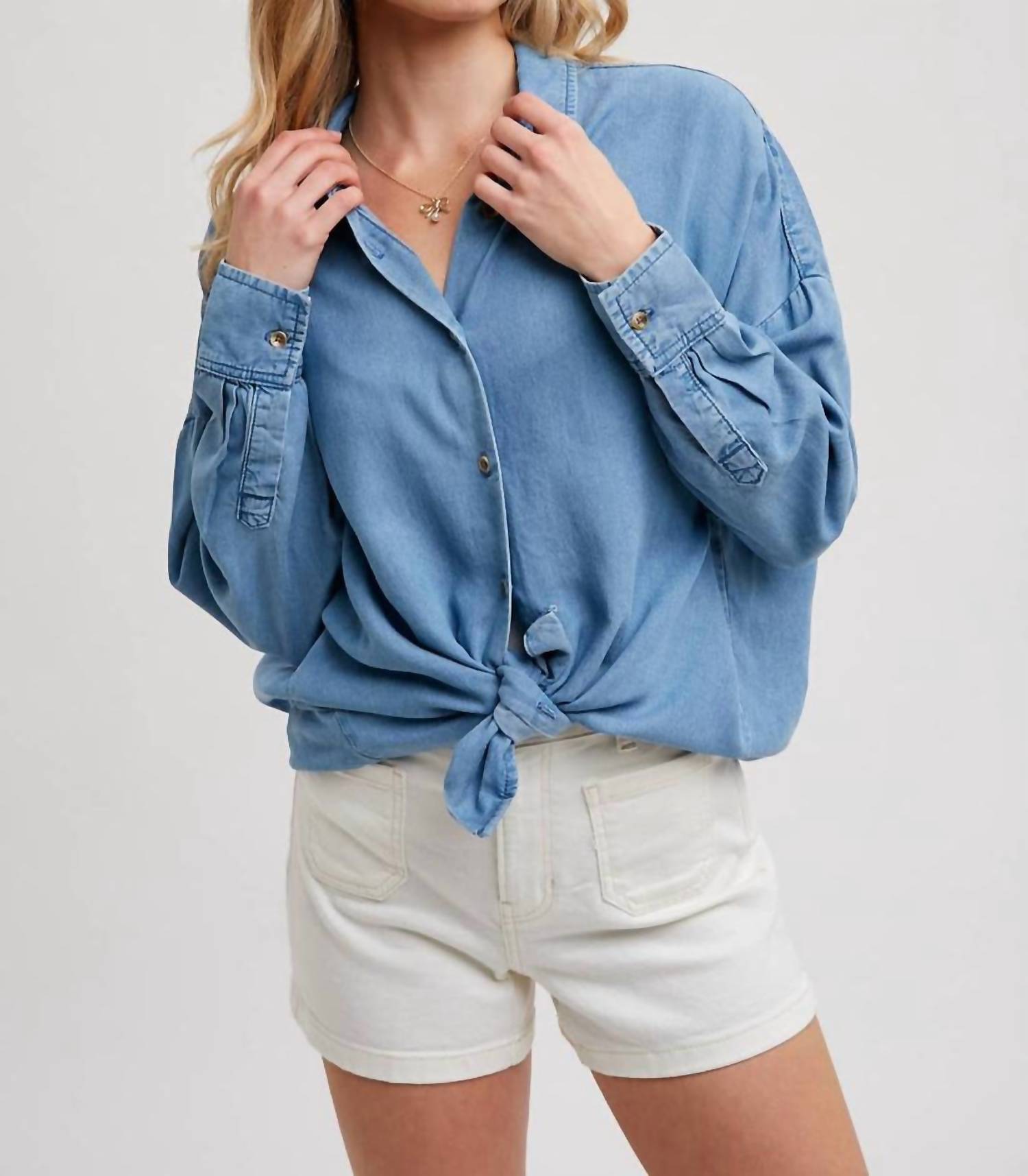 BluIvy Denim Tencel Dolman Sleeve Button Down Shirt in blue - women's shirt - detail view