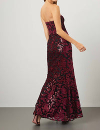 DRESS THE POPULATION Fernanda Floral Sequin Strapless Gown in black burgundy - women's dress - detail view