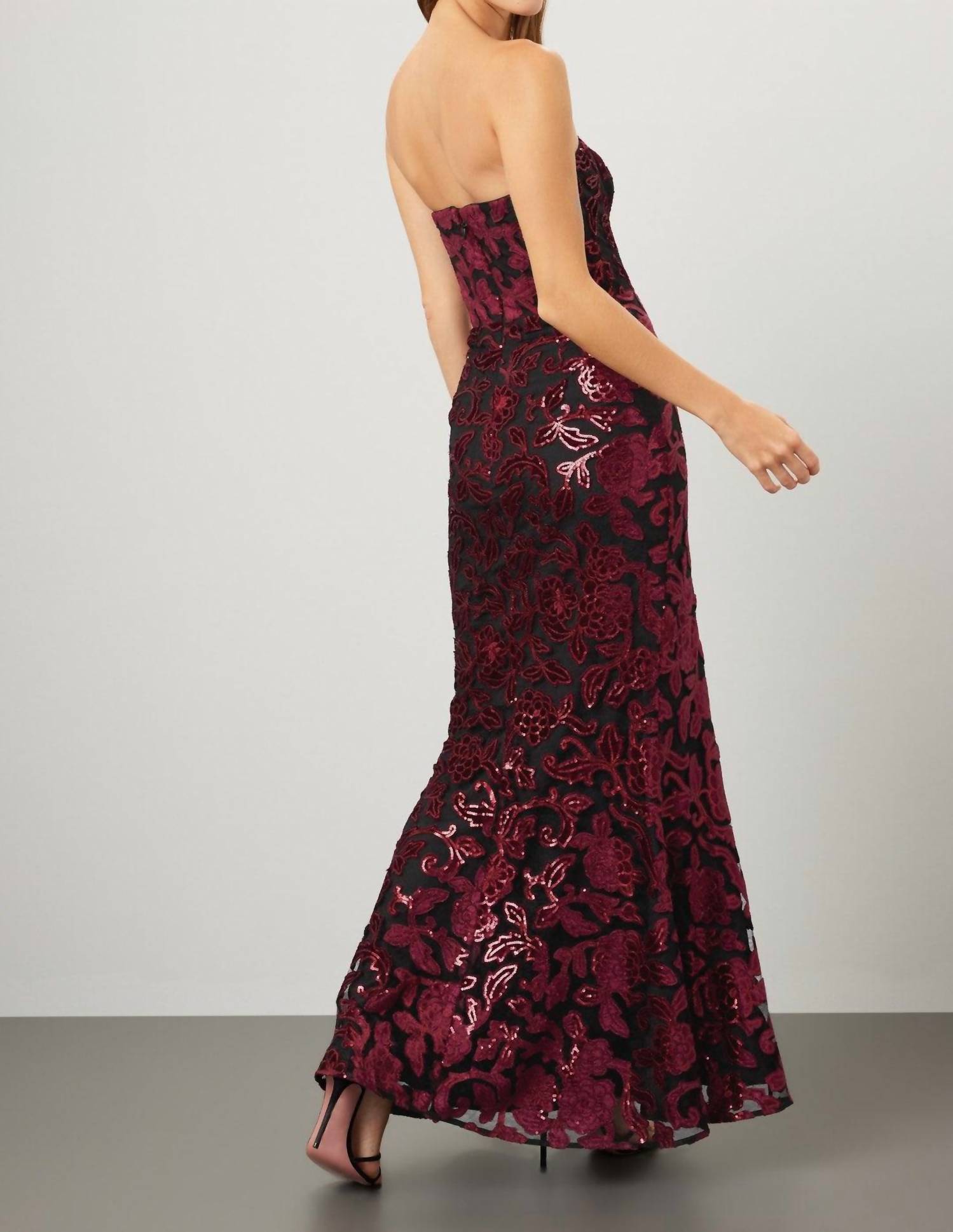 DRESS THE POPULATION Fernanda Floral Sequin Strapless Gown in black burgundy - women's dress - detail view