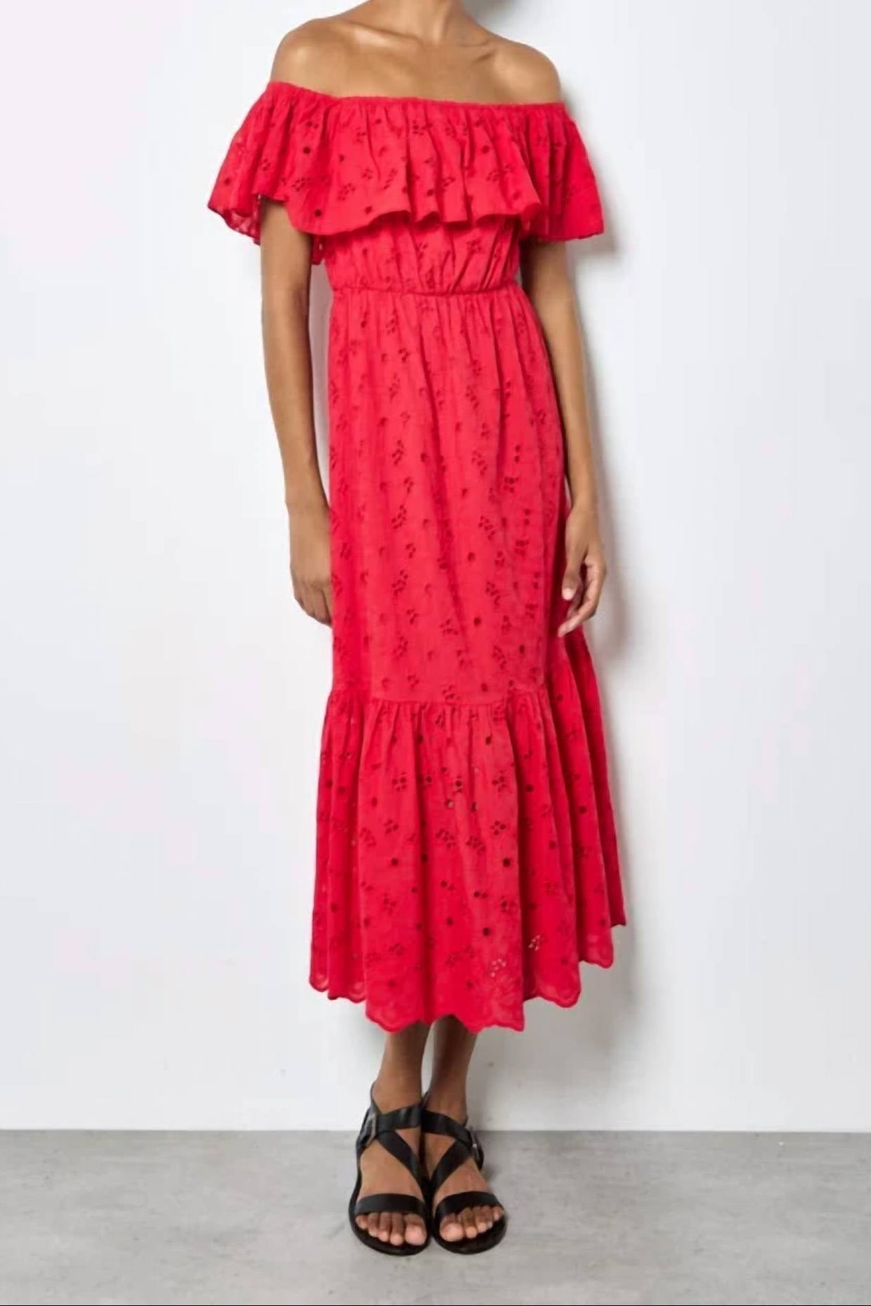 Apricot - Broderie Bardot Tiered Detail Maxi Dress