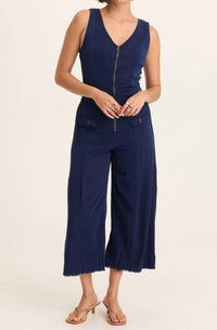 Wearables Women's Linette Twill Zip Up V Neck Jumpsuit in navy blue - women's pants