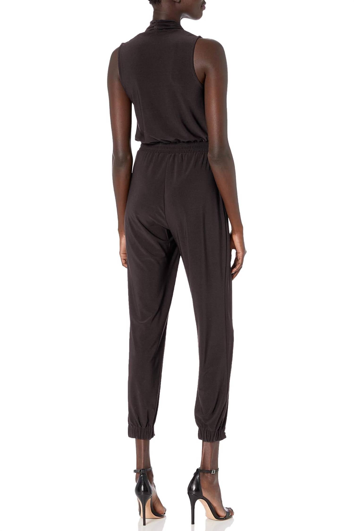 Laundry By Shelli Segal - V-neck Zipper Front Sleeveless Ruched Solid Jumpsuit