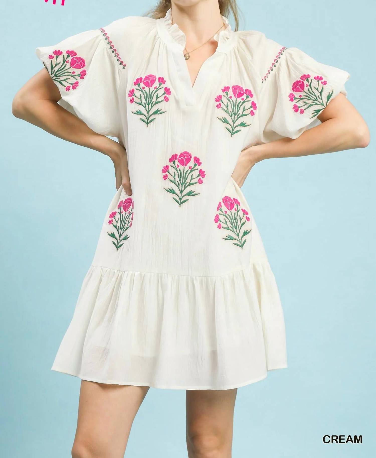 Umgee - Boho Floral Embroidered Mini Dress