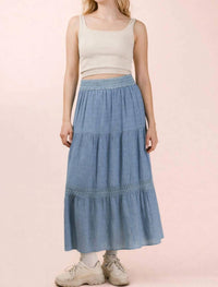 Very J - Tiered Layers Solid Woven Skirt With Lace Trim