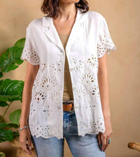 Paparazzi - Woven Crepe Eyelet Short Sleeve Camp Shirt