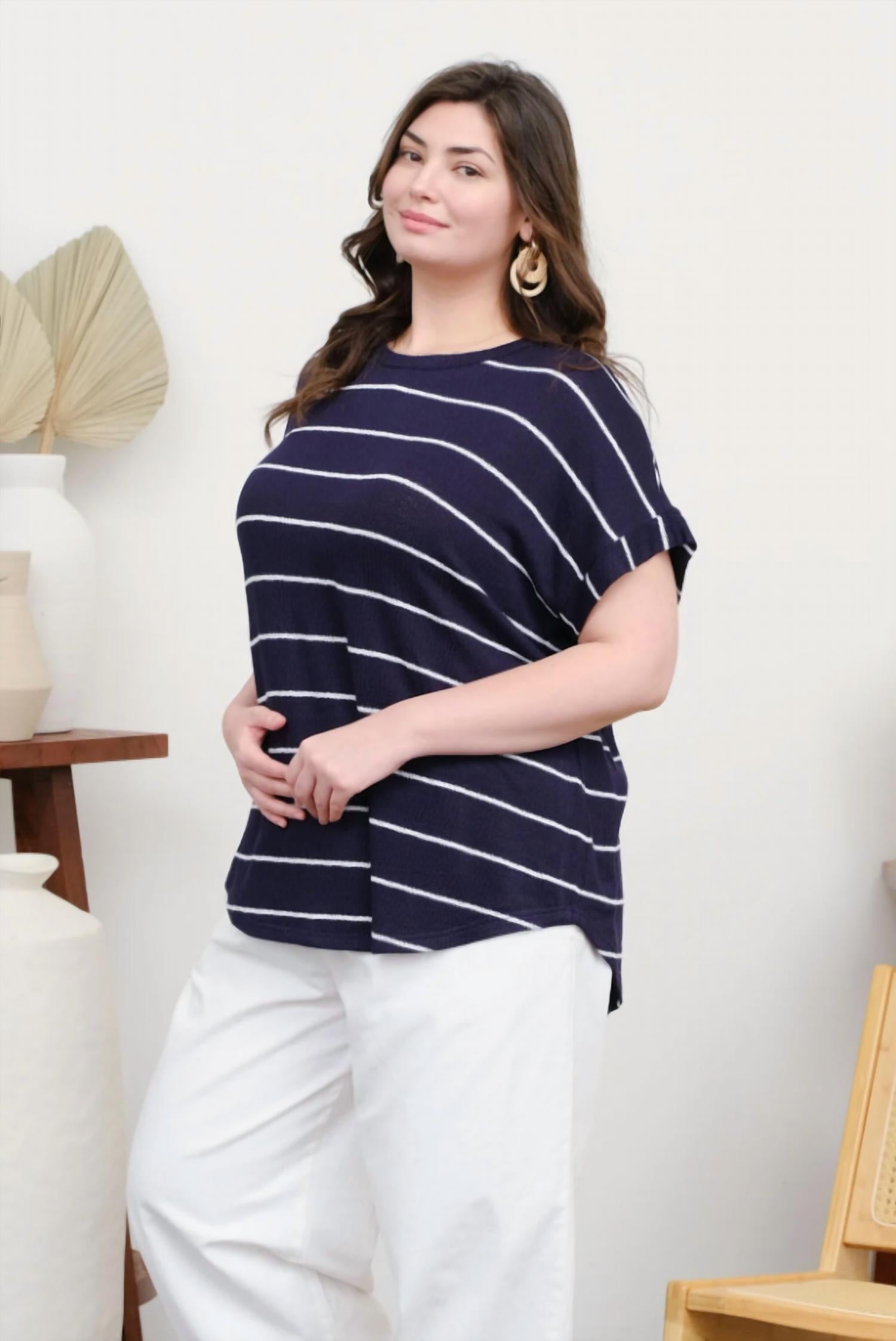 Perch by Blu Pepper Stripe Round Neck Short Cuff Sleeve Knit Top - Plus in navy - women's t-shirt - alternate view