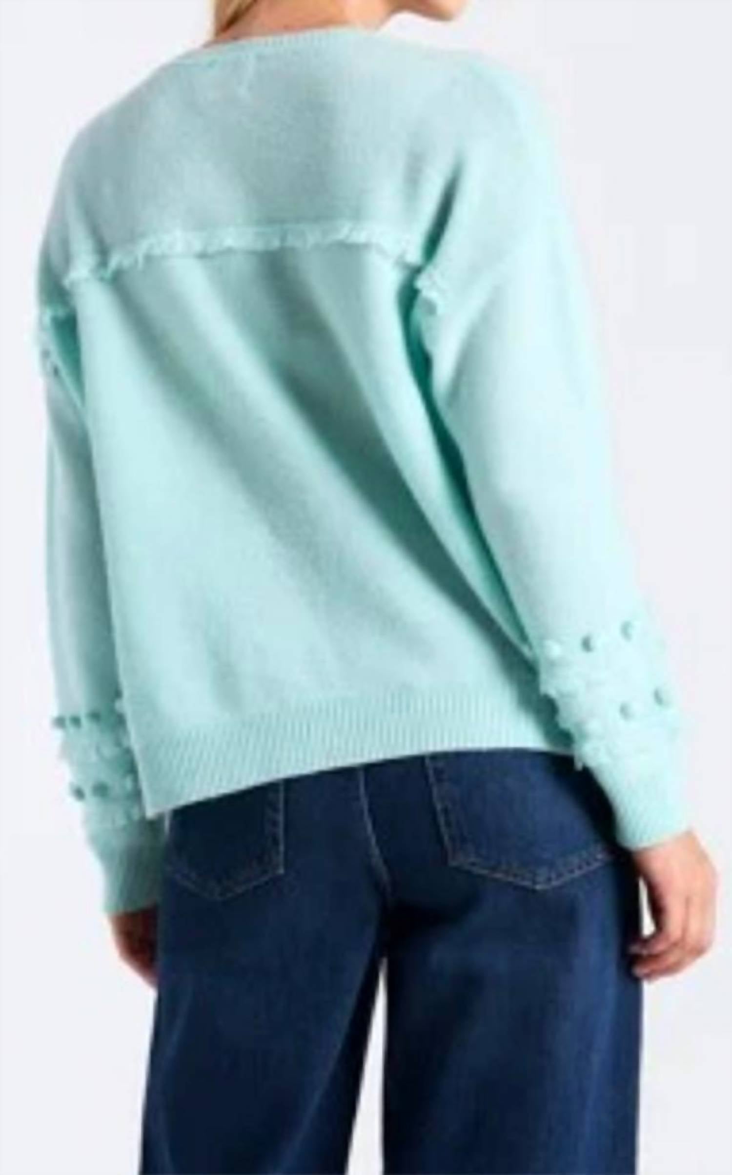 Brodie Cashmere Paula Pom Crew Sweater in aqua - women's sweater - alternate view