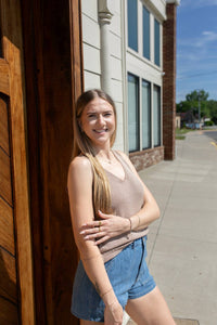GRADE & GATHER Sunset Vibes Summer Sweater in brown - women's sweater - detail view