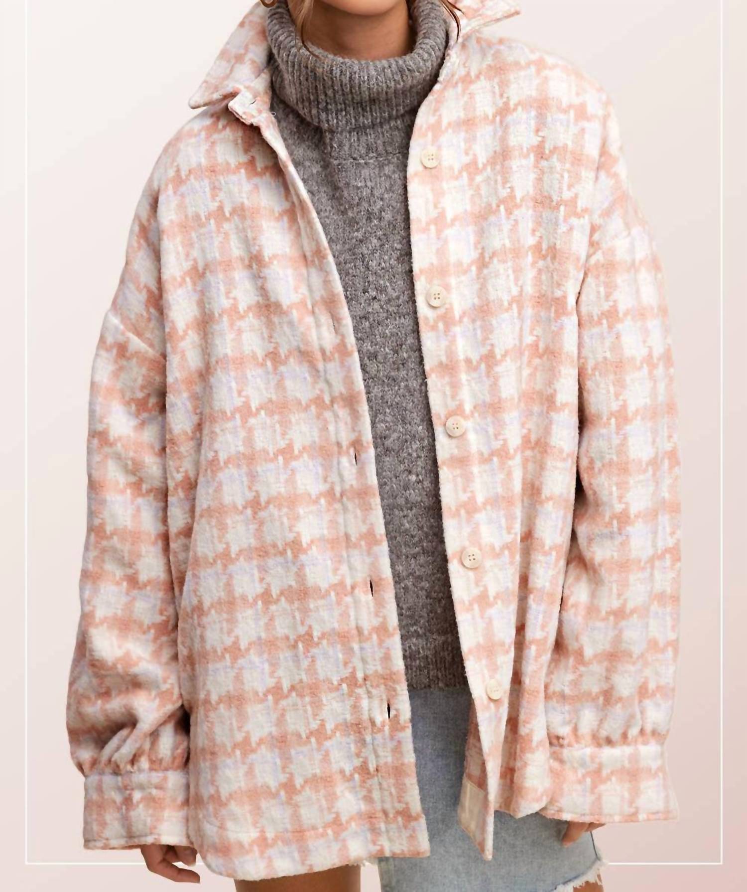 La Miel - Oversized Houndstooth Patterned Soft Brushed Shacket
