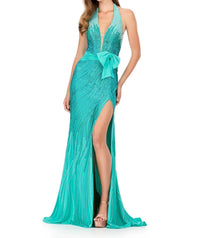 ASHLEYlauren Beaded Halter Jersey Gown With Slit & Bow in aqua - women's dress