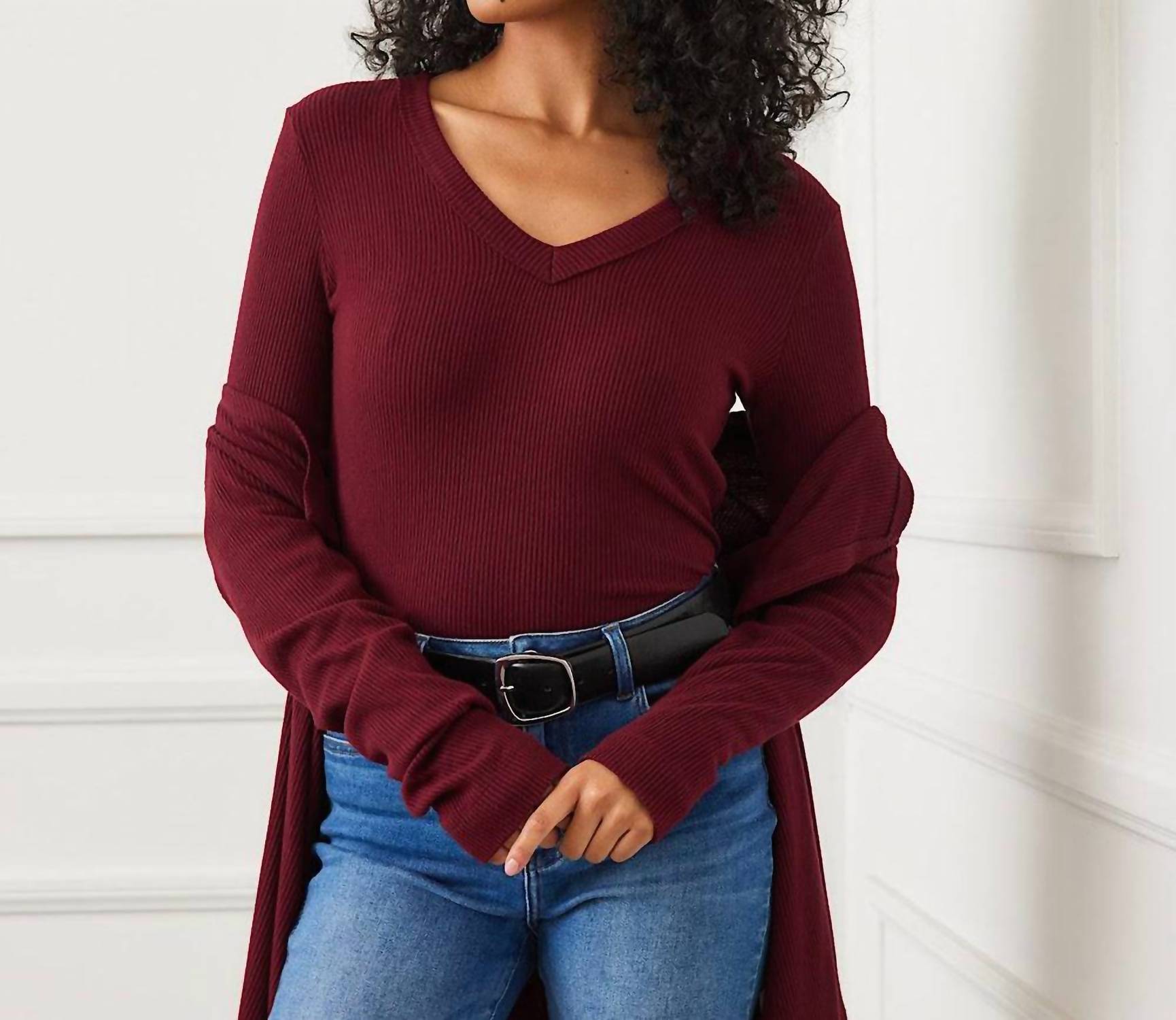 Karen Kane Long Sleeve Ribbed V-Neck Top in wine - women's long sleeve top - view 5