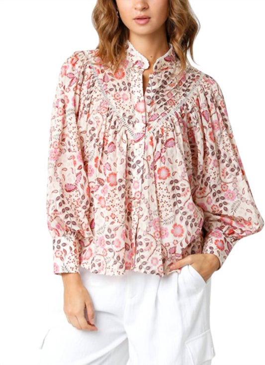 Olivaceous - Floral Pattern Long Sleeve Top