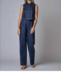 Hevron Vera Sleeveless Top in indigo - women's blouse - detail view