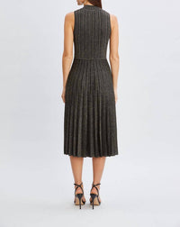 Tahari - Metallic Mock-neck Pleated Fit & Flare Dress