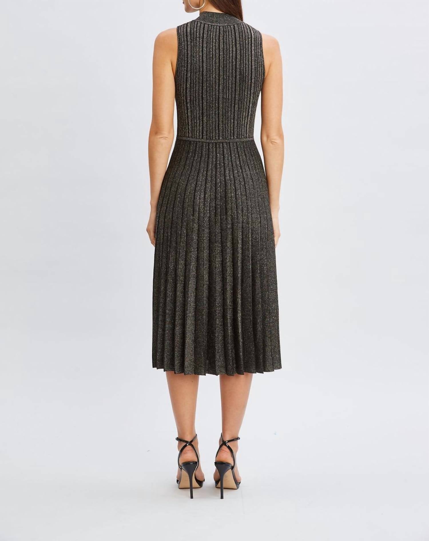 Tahari - Metallic Mock-neck Pleated Fit & Flare Dress