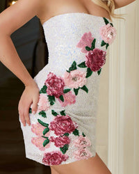 Jovani - Strapless Sequin Mini Dress With 3d Floral Appliqués