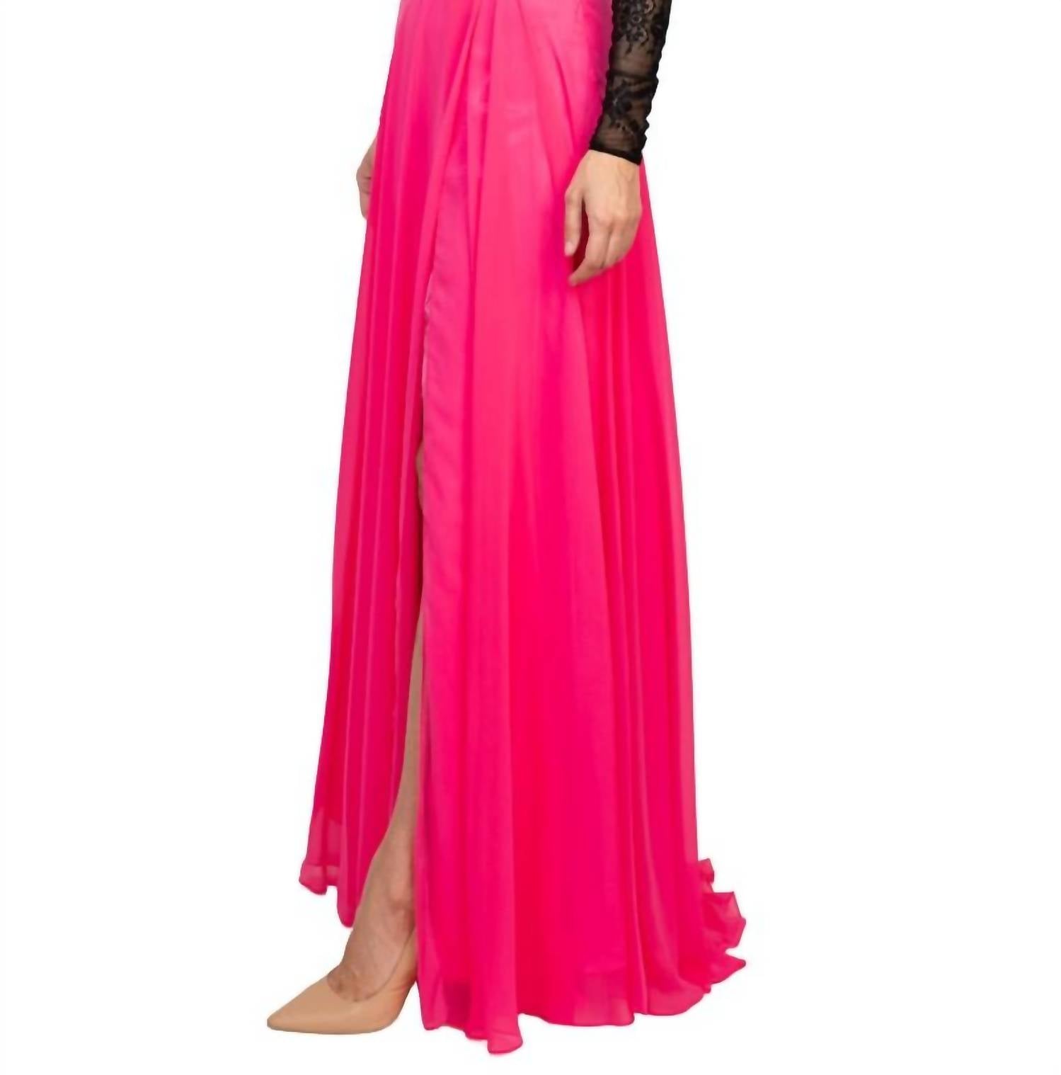 Dave & Johnny - Scalloped Neck Cutout Shoulder Illusion Lace Bodice Chiffon Dress