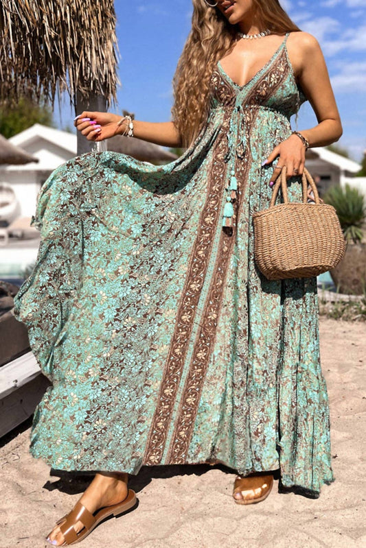 Lovesoft - Floral Print V Neck Ruffled Trim Backless Tassel Waist Maxi Dress