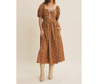 In February - Golden Hour Floral Puff Sleeve Midi Dress With Pockets
