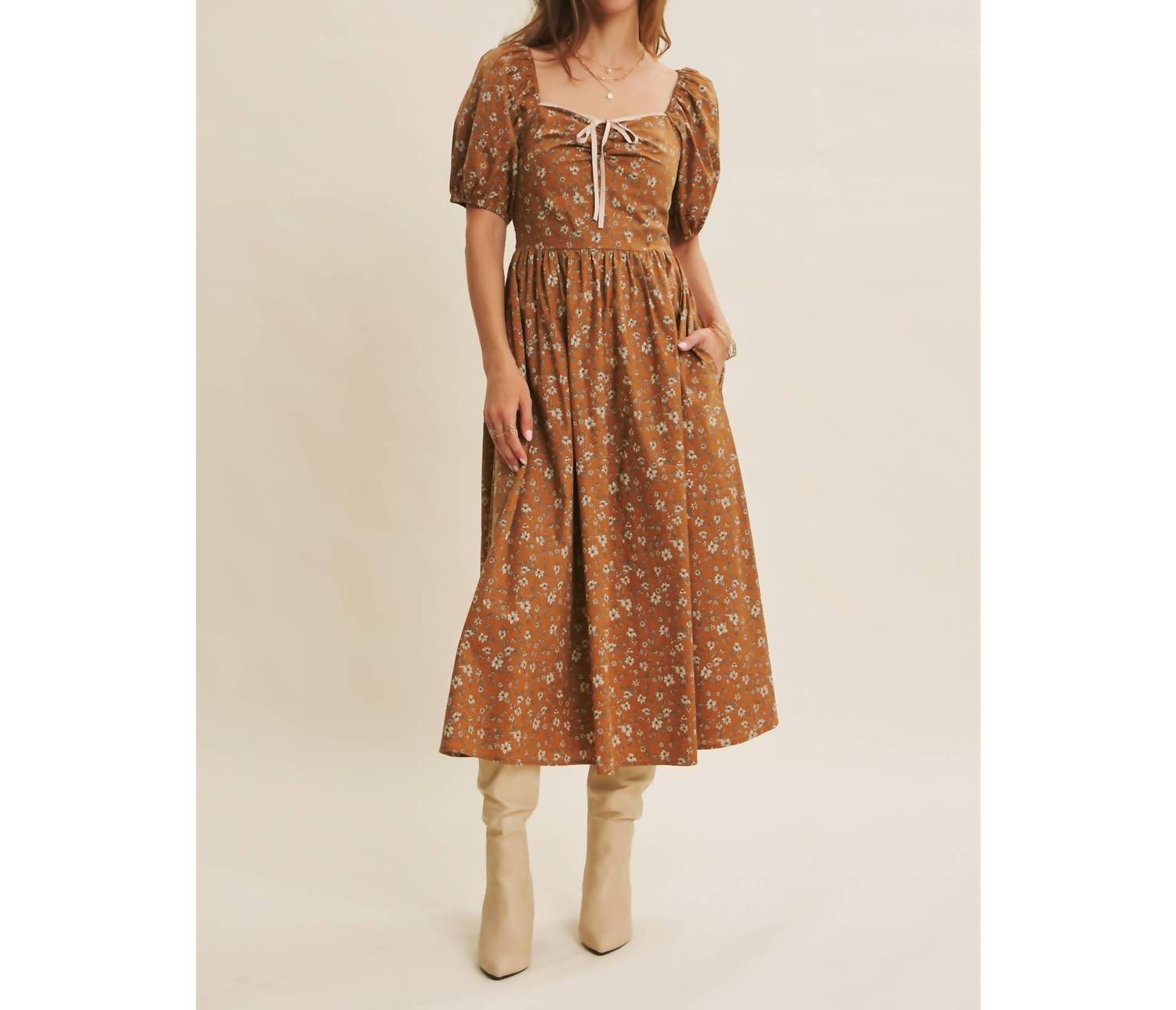 In February - Golden Hour Floral Puff Sleeve Midi Dress With Pockets