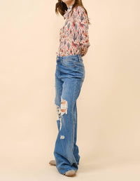 Blue B - Western Print Chiffon Button Up Blouse