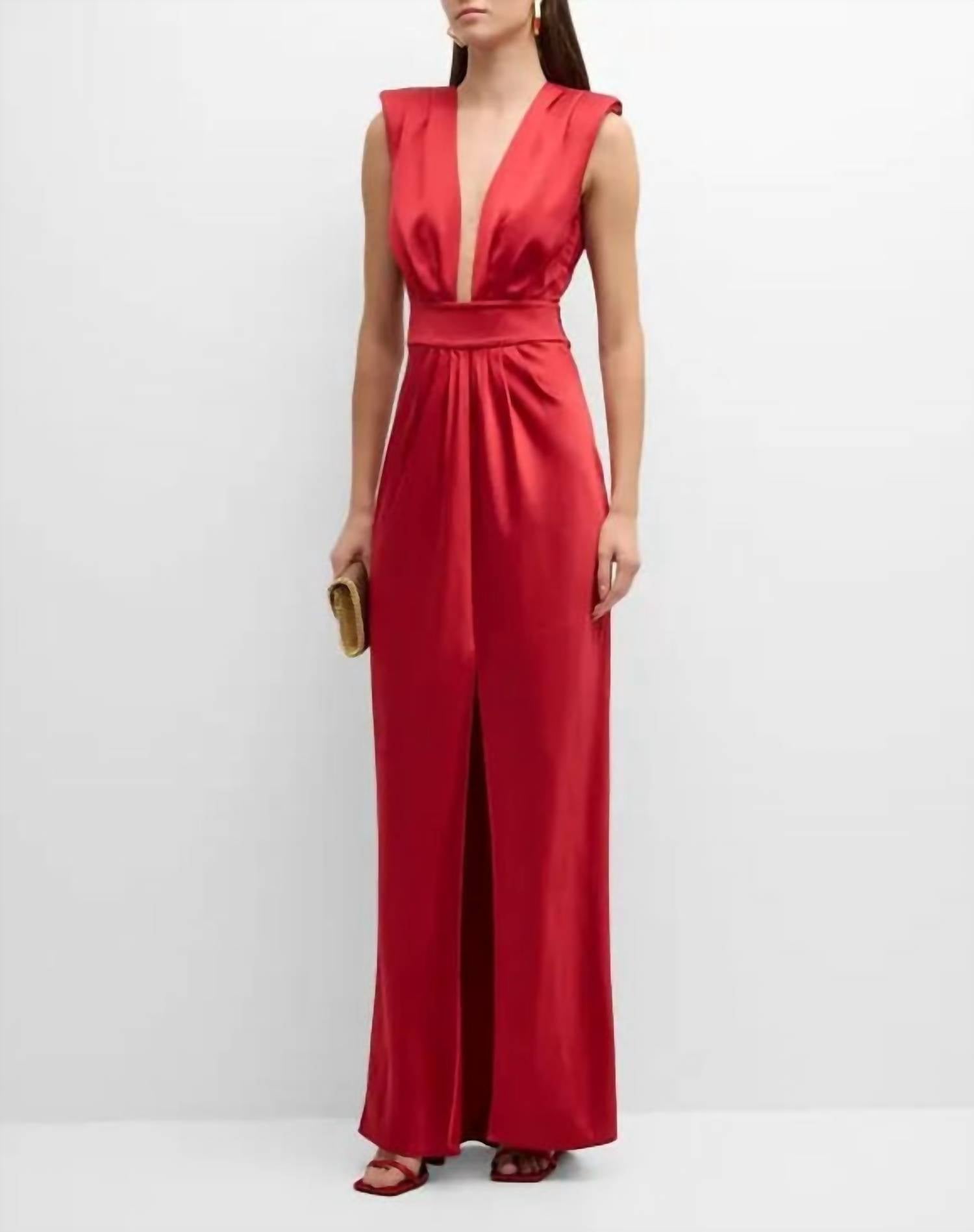 Ramy Brook - Quinn Pleated V-neck Satin Gown