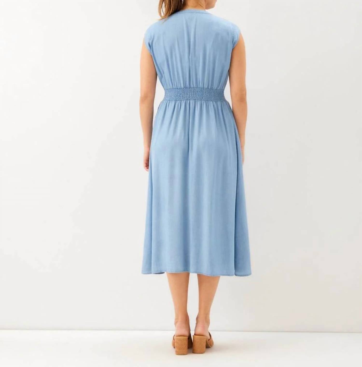 Karen Kane - Cap Sleeve Smocked Waist Button-up Midi Dress - Petite