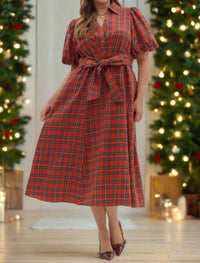 entro Plaid Puff Sleeve Midi Dress With Waist Tie - Plus in holiday red - women's dress
