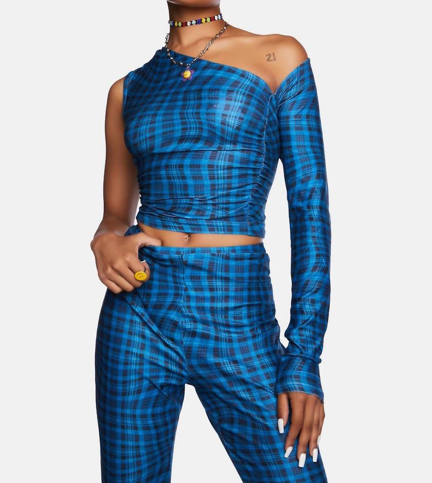 ANOTHER GIRL Wavy Check Asymmetric Top in blue - women's blouse