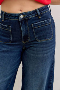 Judy Blue High Waist Palazzo Front Patch Pockets Jeans in dark wash - women's jeans - detail view