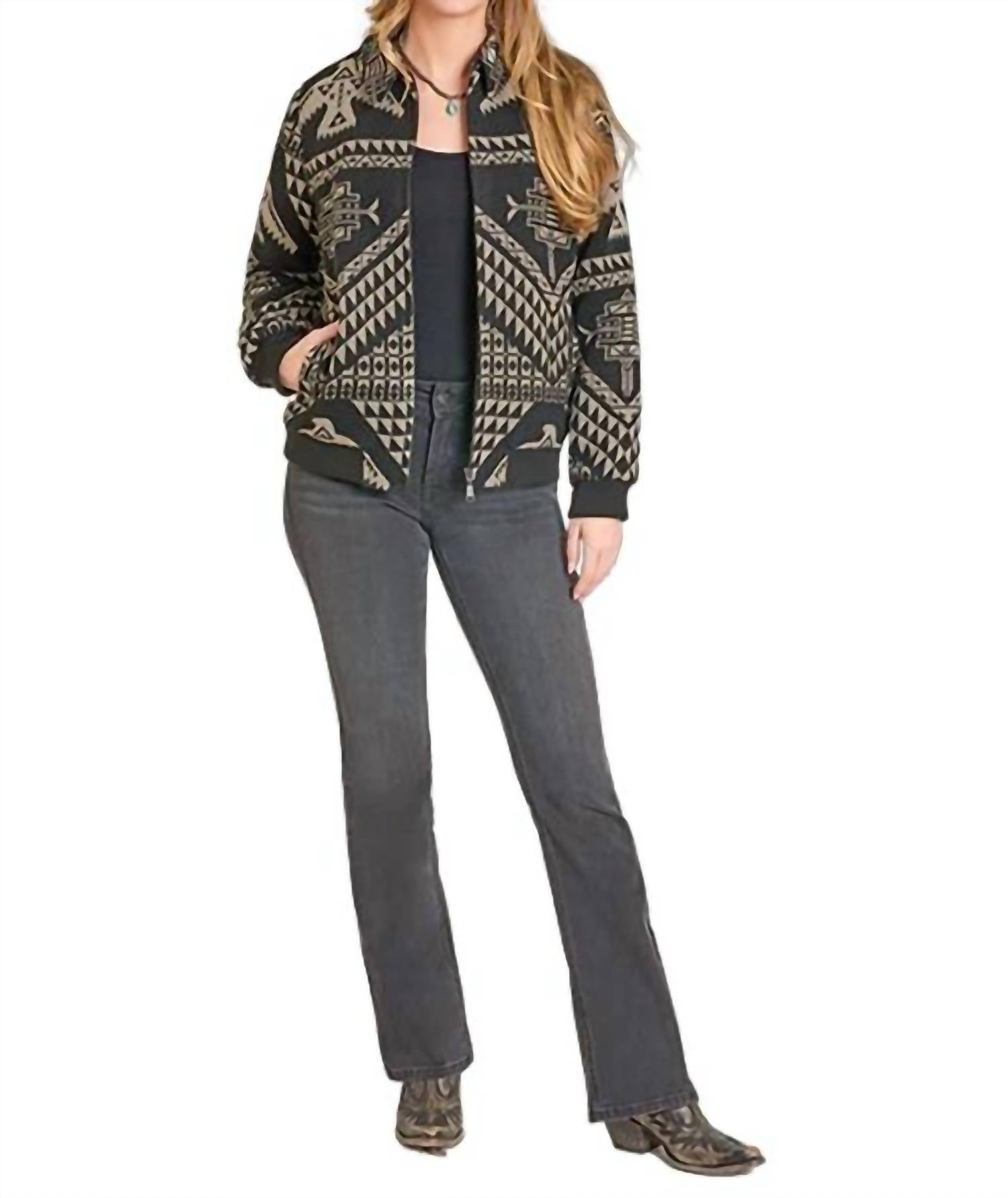 Panhandle Aztec Bomber Jacket in black - women's jacket - alternate view