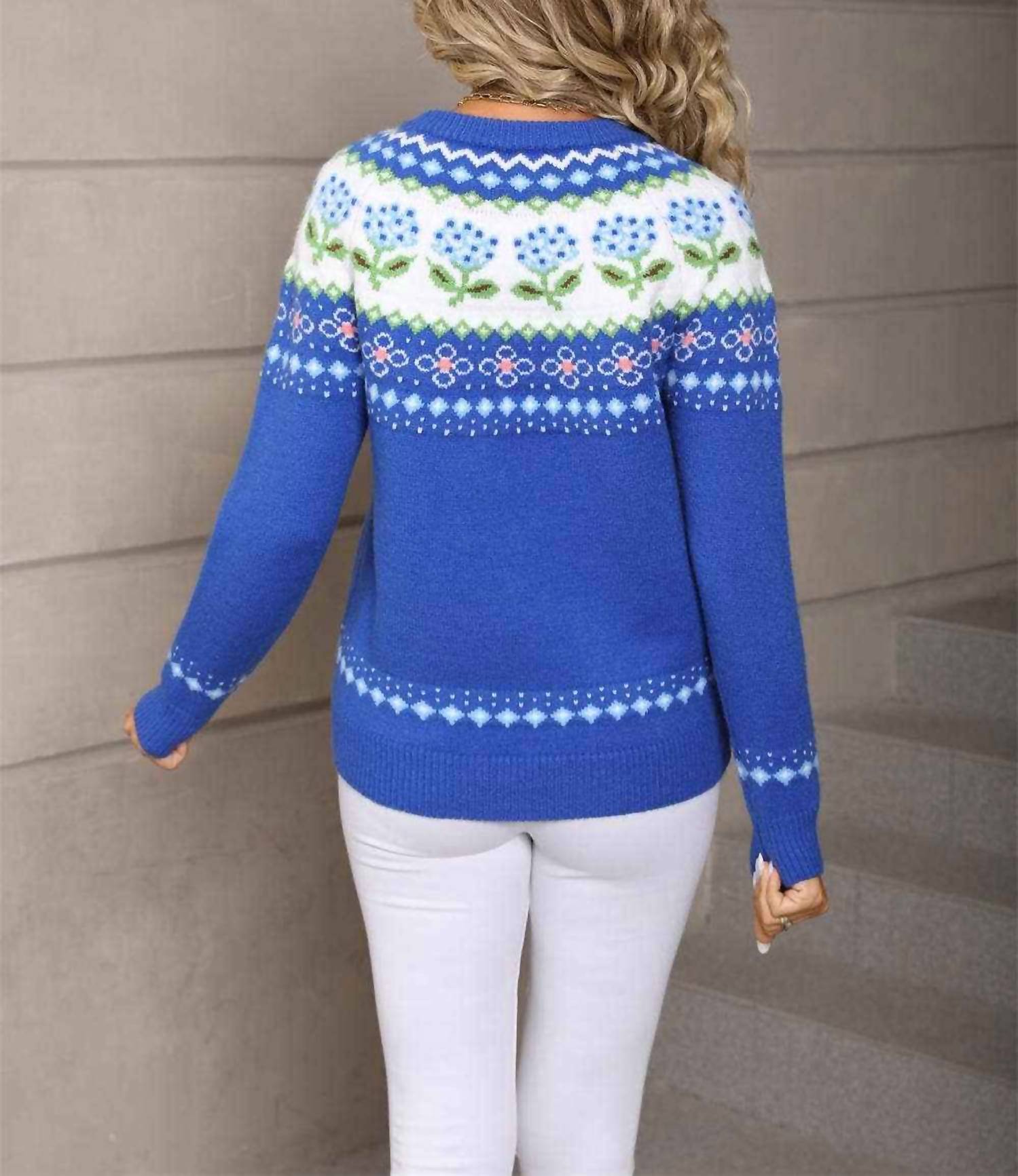 Anna-Kaci - Floral Fair Isle Knit Sweater