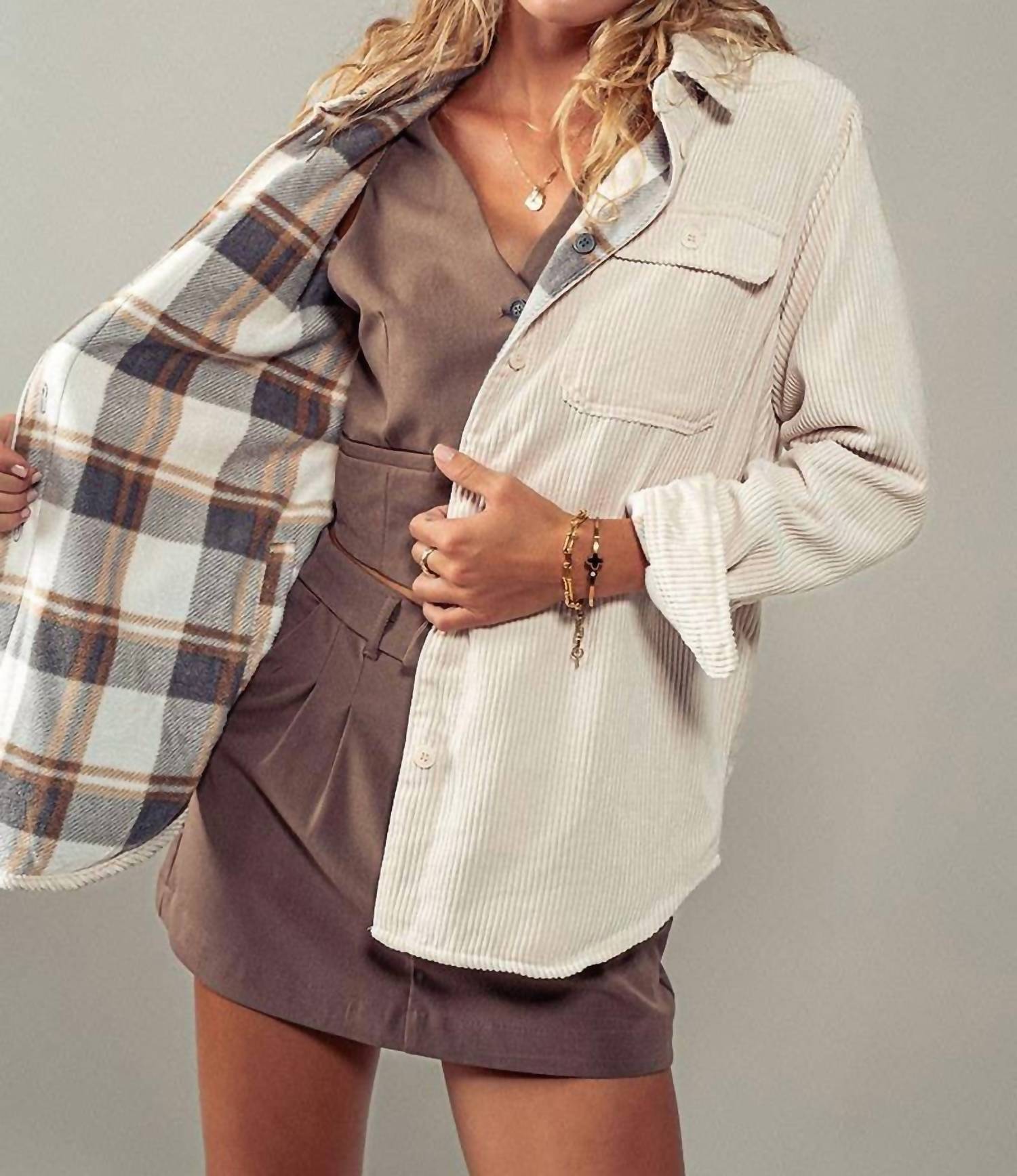 Urban Daizy - Plaid Lined Corduroy Flannel Shacket