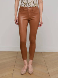 L'Agence Margot Coated Cropped Skinny Jeans in cognac - women's jeans - detail view