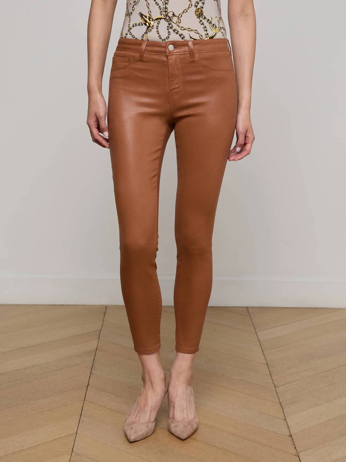 L'Agence Margot Coated Cropped Skinny Jeans in cognac - women's jeans - detail view