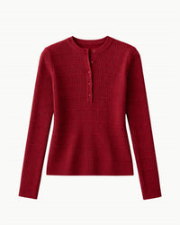 White + Warren Cashmere Textured Henley Top in deep crimson - women's long sleeve top - alternate view