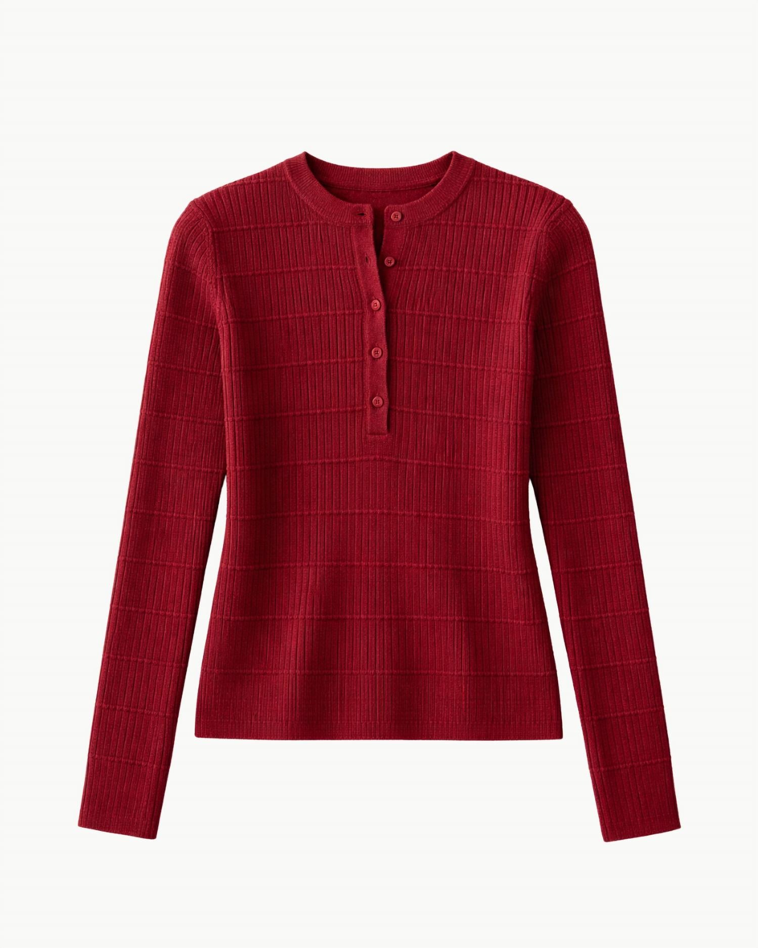 White + Warren Cashmere Textured Henley Top in deep crimson - women's long sleeve top - alternate view