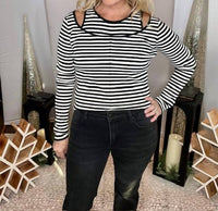 Heyson - Double Layer Striped Cold Shoulder Top